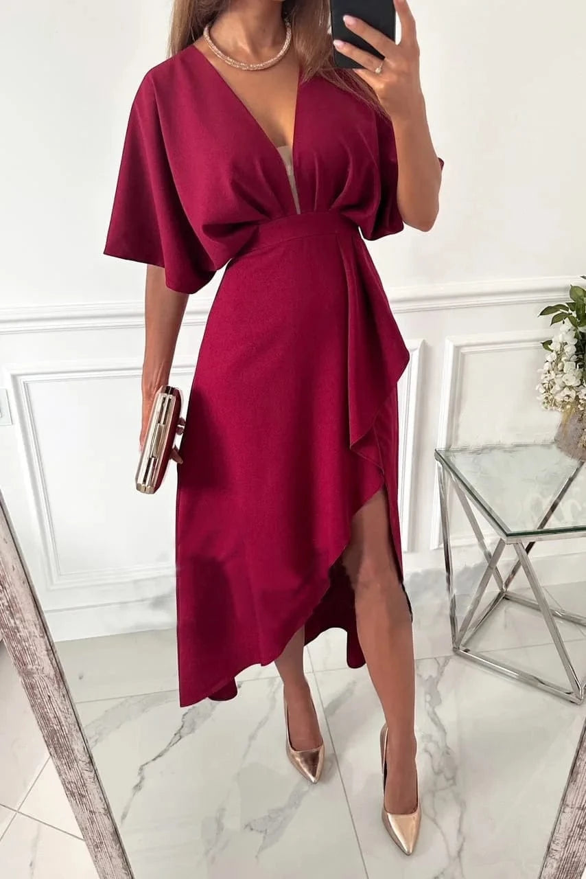 2023 Summer New European and American Casual V-neck Solid color Irregular dress Dress for women