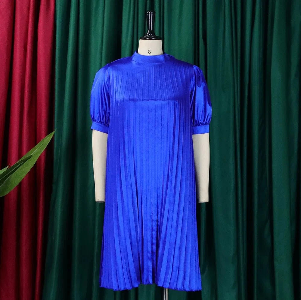 2023 Summer New Fashion Loose Casual Strappy Pleated Dress Women's  Crew Neck Short Sleeves Casual Dress