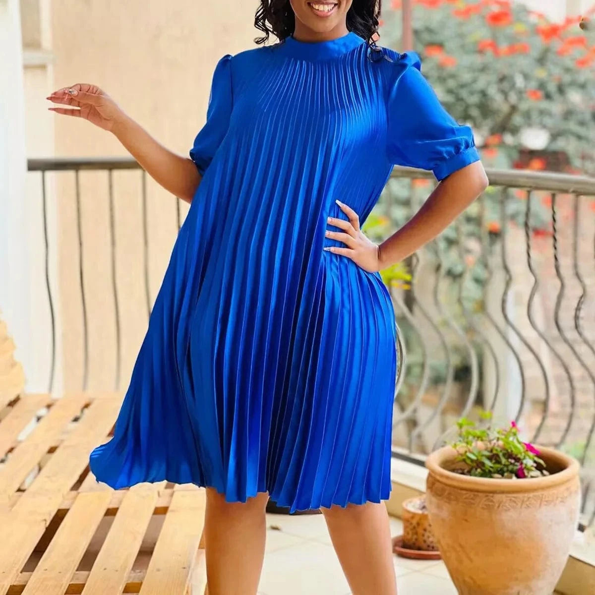 2023 Summer New Fashion Loose Casual Strappy Pleated Dress Women's  Crew Neck Short Sleeves Casual Dress