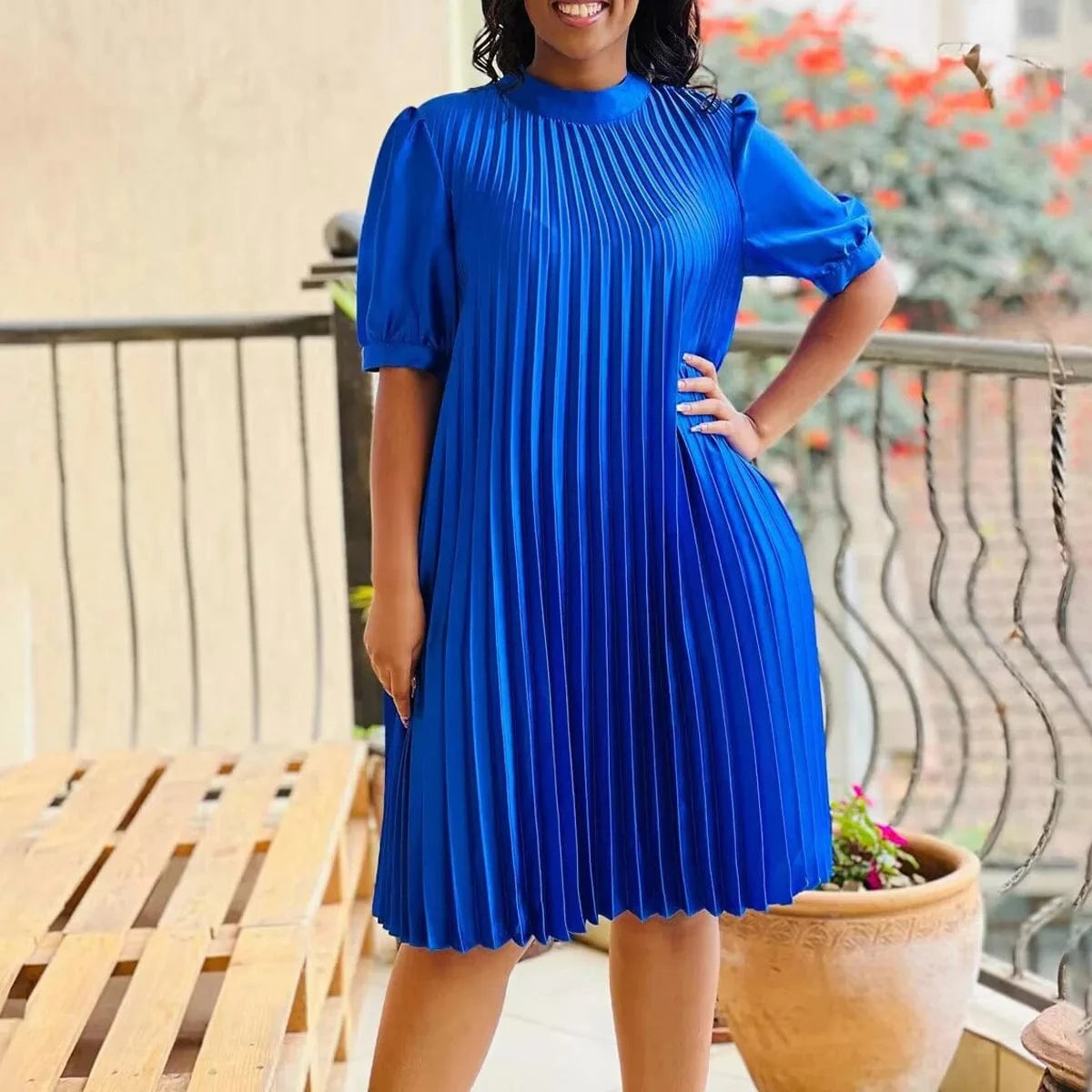 2023 Summer New Fashion Loose Casual Strappy Pleated Dress Women's  Crew Neck Short Sleeves Casual Dress