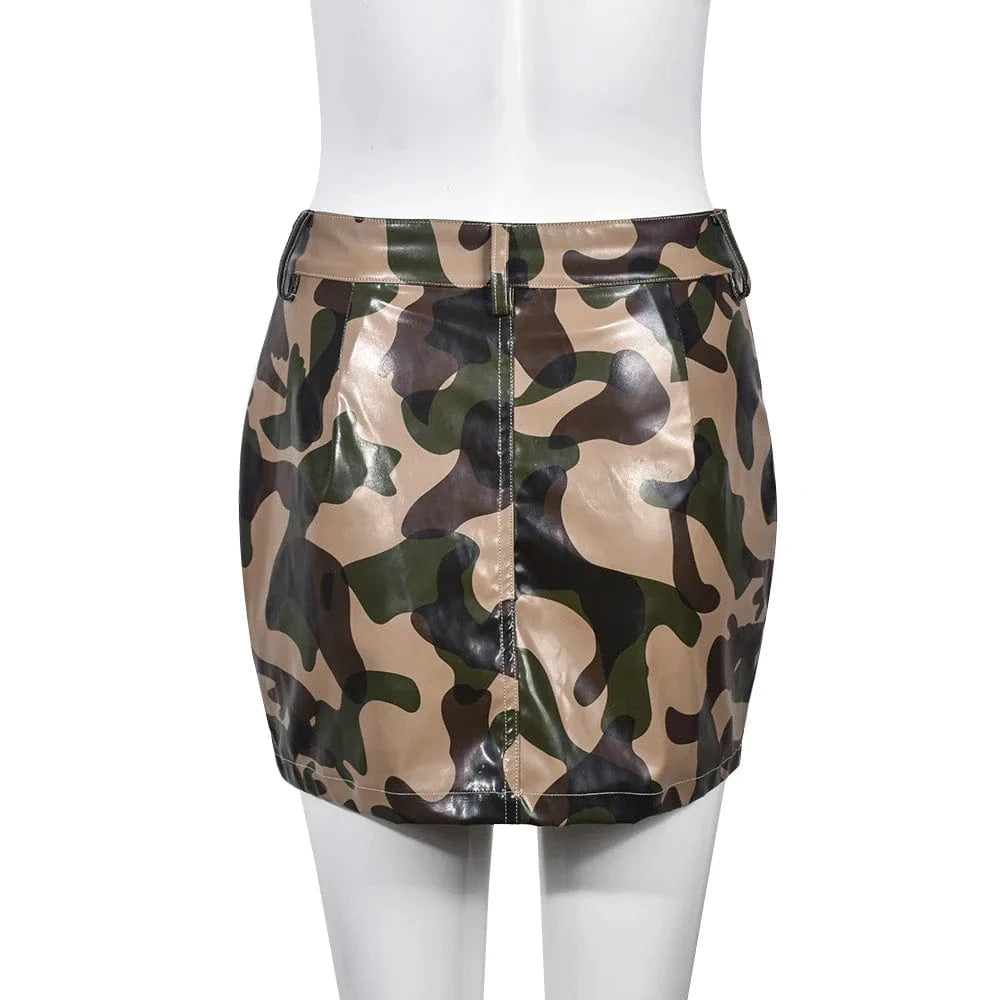 2023 Summer New Outdoor Street Trendy Elastic Short Fashion Female Camouflage PU Sexy Mini Skirt