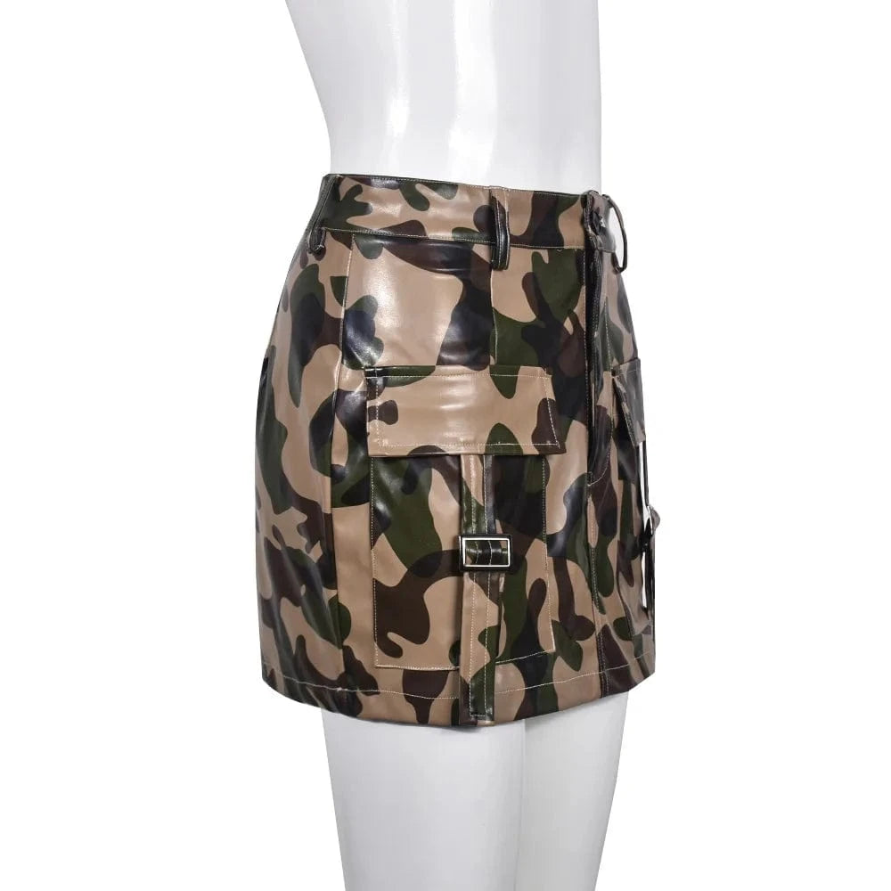 2023 Summer New Outdoor Street Trendy Elastic Short Fashion Female Camouflage PU Sexy Mini Skirt