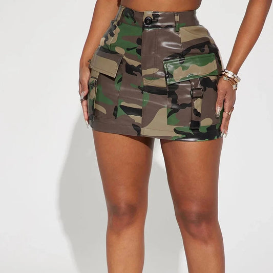 2023 Summer New Outdoor Street Trendy Elastic Short Fashion Female Camouflage PU Sexy Mini Skirt