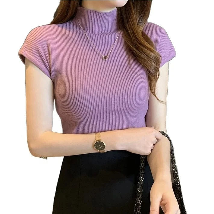 2023 Summer new semi-high collar bottoming shirt women's short-sleeved knitwear tight sweater short slim top