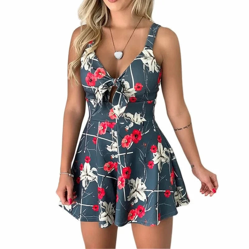 2023 Summer new Sexy sling Chest bow Lace-up Printed Loose One-piece shorts