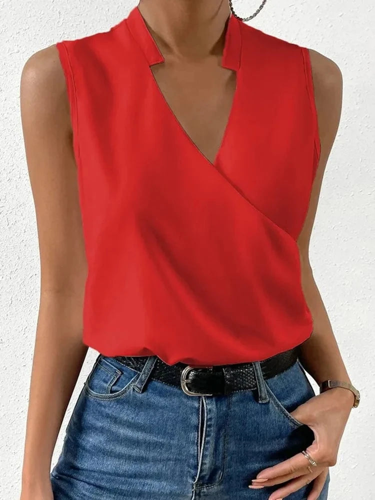2023 Summer New women's Casual V-neck regular pullover Solid color Women's top T-shirt vest