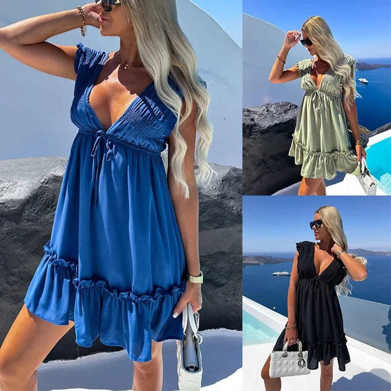 2023 Summer New women's Solid color V-neck Fashion casual Waist Lace-up Pleated ruffled sleeves Women's dress