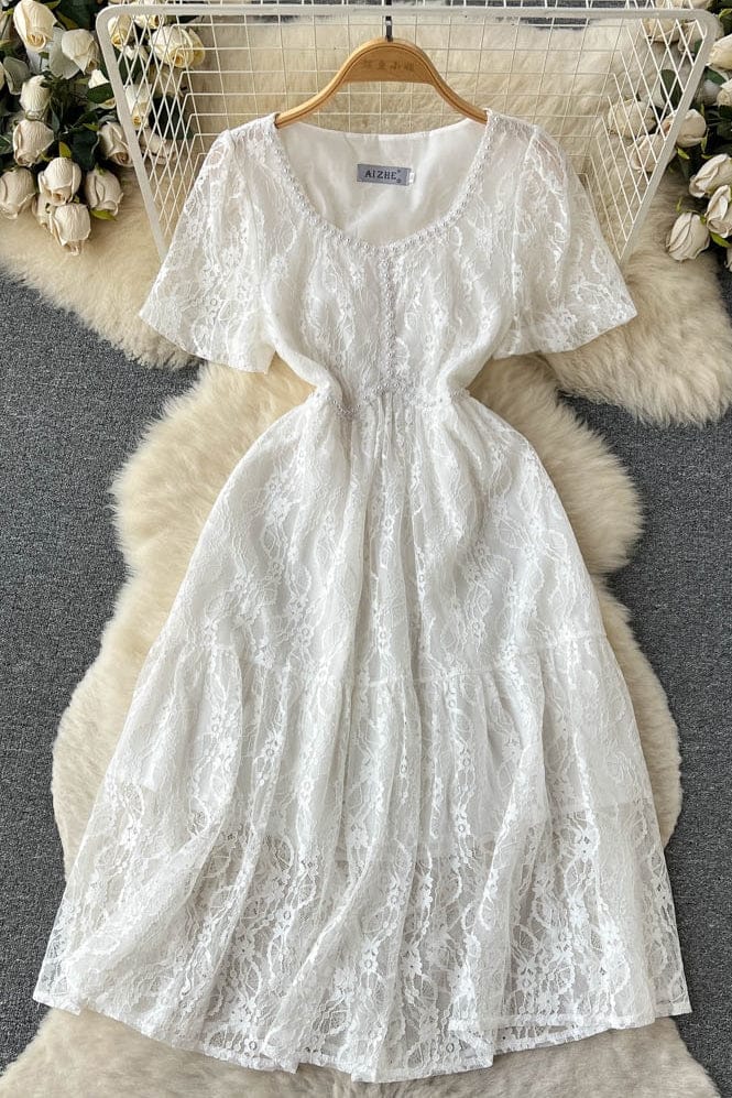 2023 summer pearl lace embroidery French square collar temperament pleated fairy dress