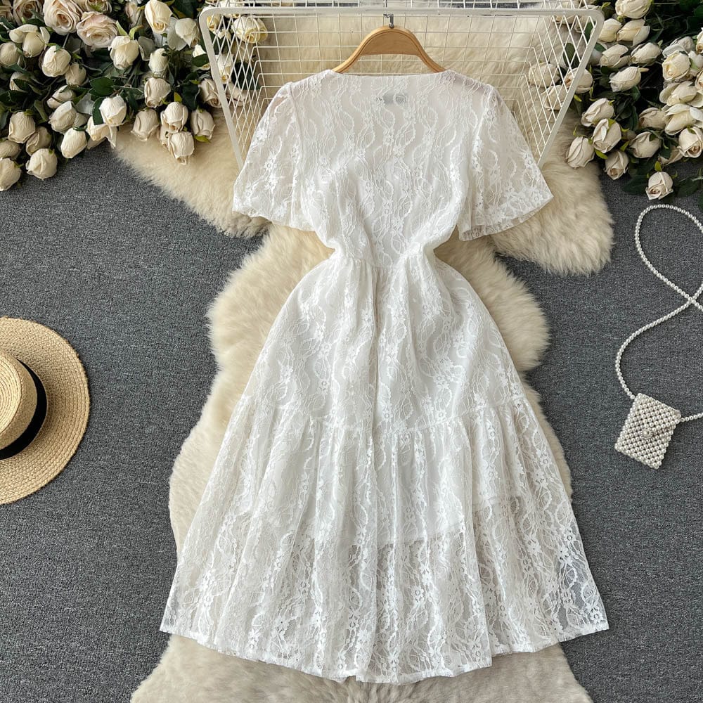 2023 summer pearl lace embroidery French square collar temperament pleated fairy dress