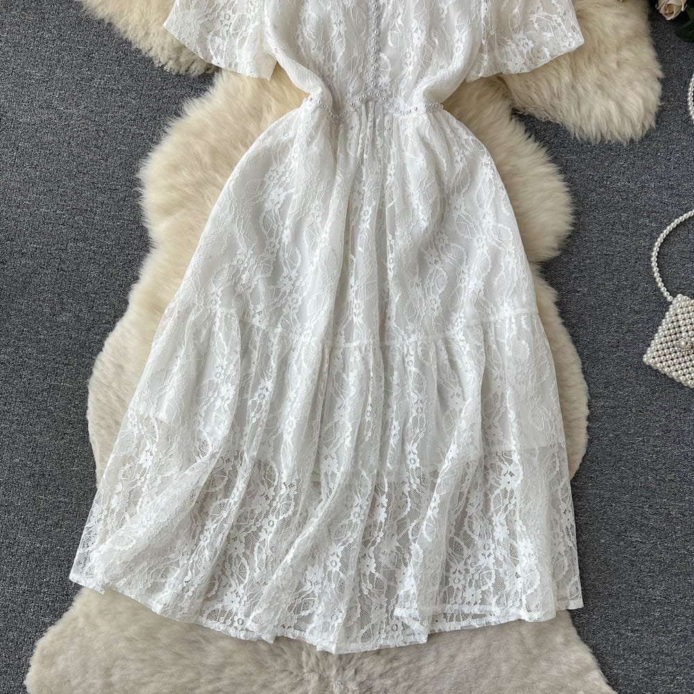 2023 summer pearl lace embroidery French square collar temperament pleated fairy dress