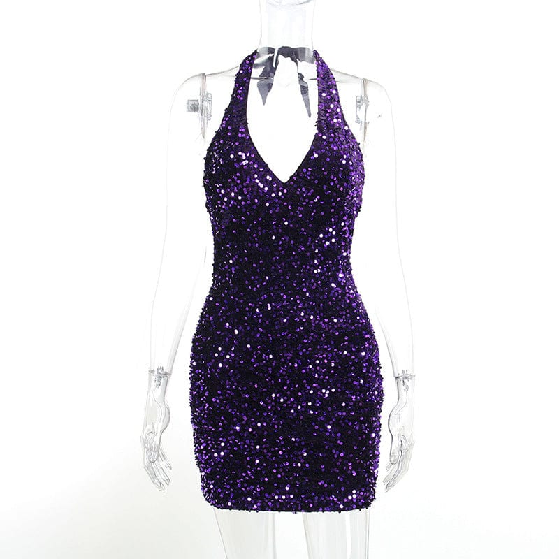 2023 Summer Sequined Mini Dress Women's Bodycon Dress Spaghetti Strap Sexy Girls Halter Glitter Evening Party Prom Club Dress