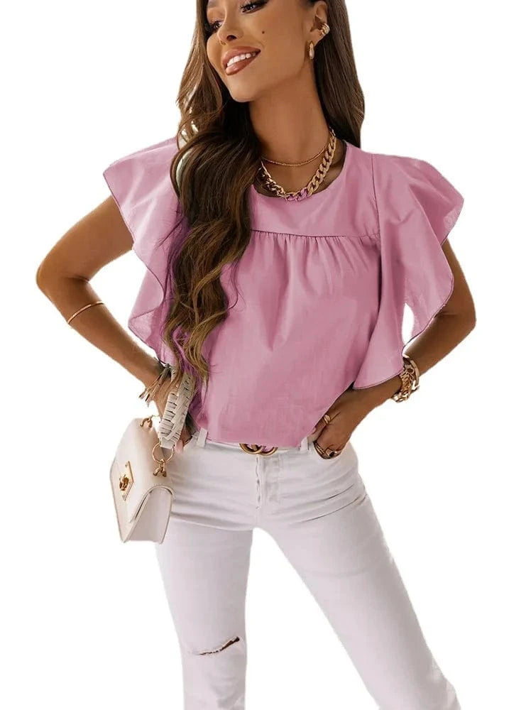 2023 Summer Solid Color Simple Round Neck Flying Sleeve Loose Woman Shirt Sweet Girl Office Top