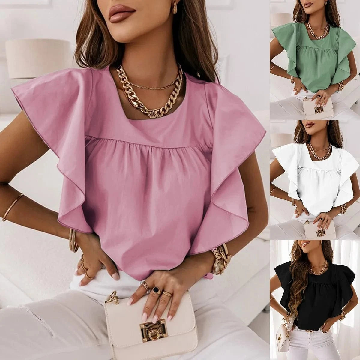 2023 Summer Solid Color Simple Round Neck Flying Sleeve Loose Woman Shirt Sweet Girl Office Top