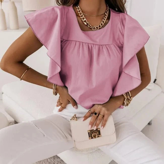 2023 Summer Solid Color Simple Round Neck Flying Sleeve Loose Woman Shirt Sweet Girl Office Top