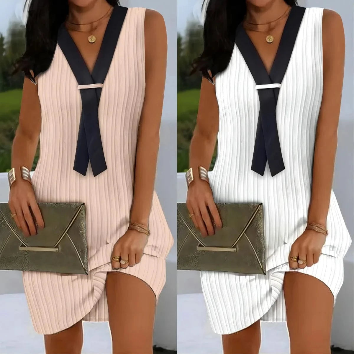 2023 Summer Women's New Casual Color Matching V-neck Sleeveless Casual Color Contrast Pleated Dress