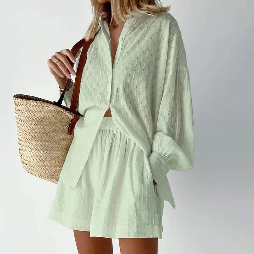 2023 Summer women's shirt Jacquard bubble sleeve Temperament shirt shorts Commuting design Casual suit