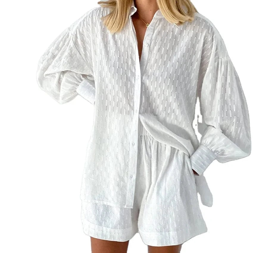 2023 Summer women's shirt Jacquard bubble sleeve Temperament shirt shorts Commuting design Casual suit