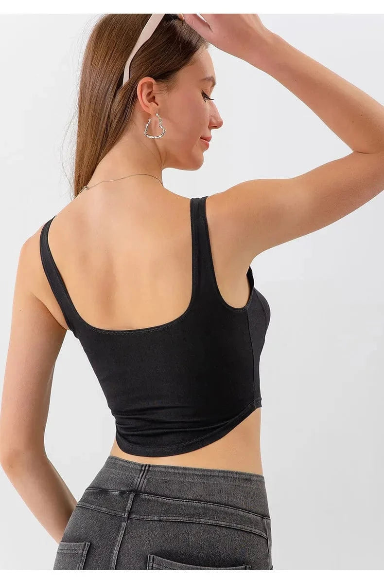 2023 Wholesale New Fashion Women  Slim Solid Color Sports U-shaped High Elastic Sport Short Demin Yoga Vest Top