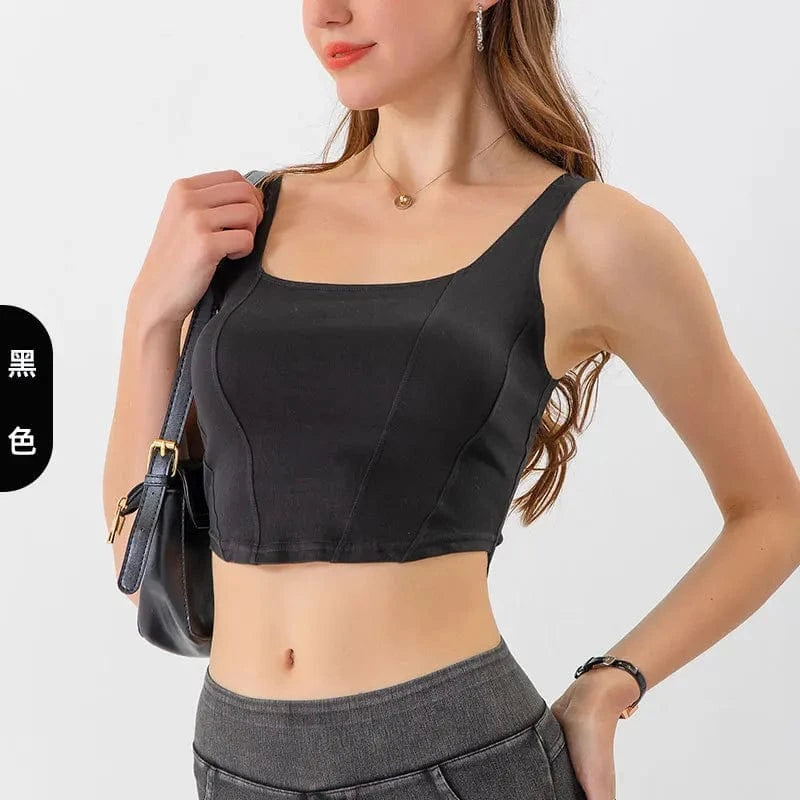 2023 Wholesale New Fashion Women  Slim Solid Color Sports U-shaped High Elastic Sport Short Demin Yoga Vest Top