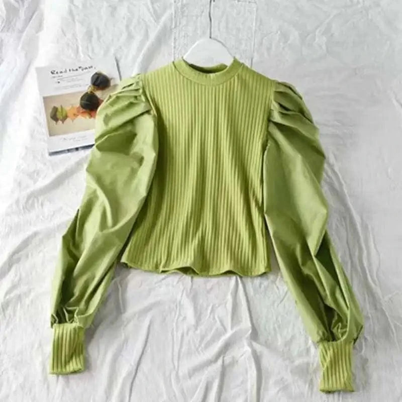 2023 Wholesale Spring Autumn Women French Pleated Puffed Sleeves V-neck Loose Fashion Casual Pullover Knitted Shirt