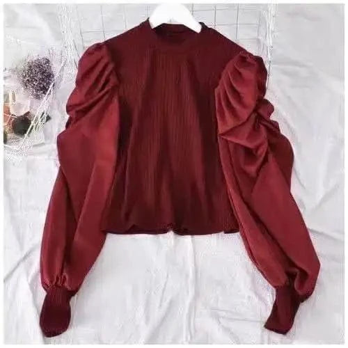 2023 Wholesale Spring Autumn Women French Pleated Puffed Sleeves V-neck Loose Fashion Casual Pullover Knitted Shirt