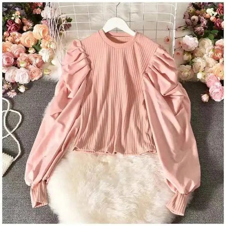 2023 Wholesale Spring Autumn Women French Pleated Puffed Sleeves V-neck Loose Fashion Casual Pullover Knitted Shirt