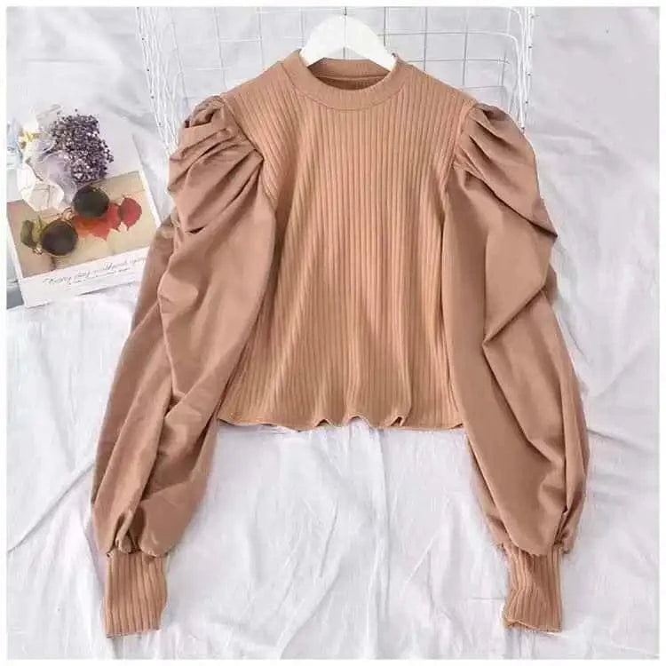 2023 Wholesale Spring Autumn Women French Pleated Puffed Sleeves V-neck Loose Fashion Casual Pullover Knitted Shirt