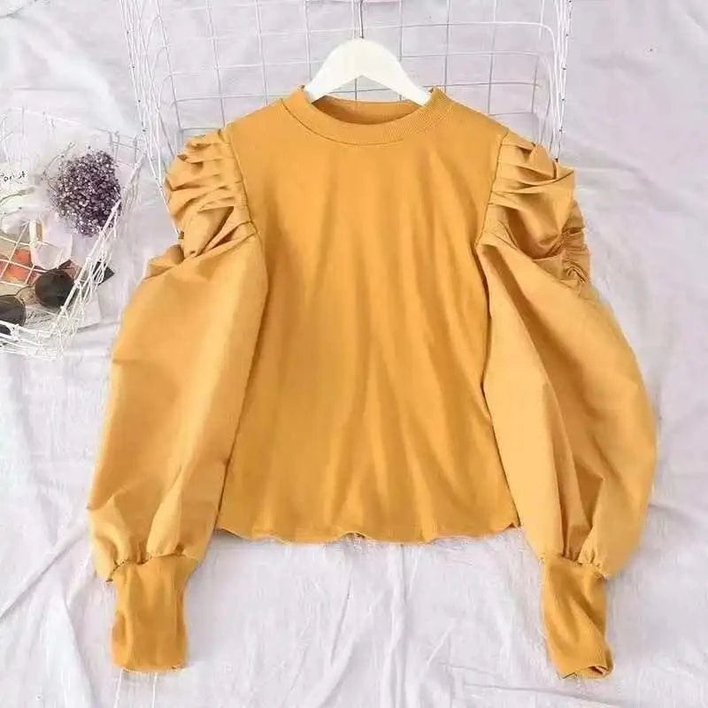 2023 Wholesale Spring Autumn Women French Pleated Puffed Sleeves V-neck Loose Fashion Casual Pullover Knitted Shirt