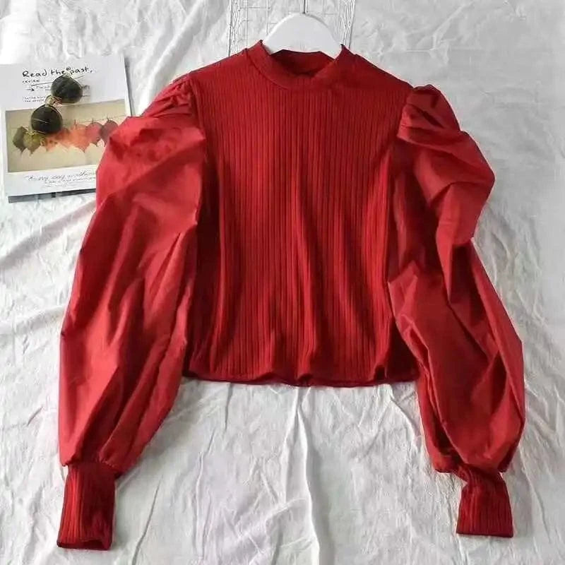 2023 Wholesale Spring Autumn Women French Pleated Puffed Sleeves V-neck Loose Fashion Casual Pullover Knitted Shirt