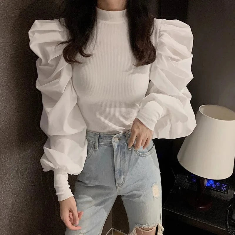 2023 Wholesale Spring Autumn Women French Pleated Puffed Sleeves V-neck Loose Fashion Casual Pullover Knitted Shirt