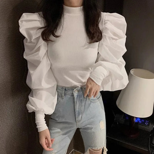 2023 Wholesale Spring Autumn Women French Pleated Puffed Sleeves V-neck Loose Fashion Casual Pullover Knitted Shirt
