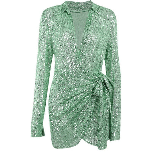 2023 Wholesale Spring Shirt Sequin Dress Sexy Plus Size Women'S Dresses Mini Party Dress with Long Sleeves For Women