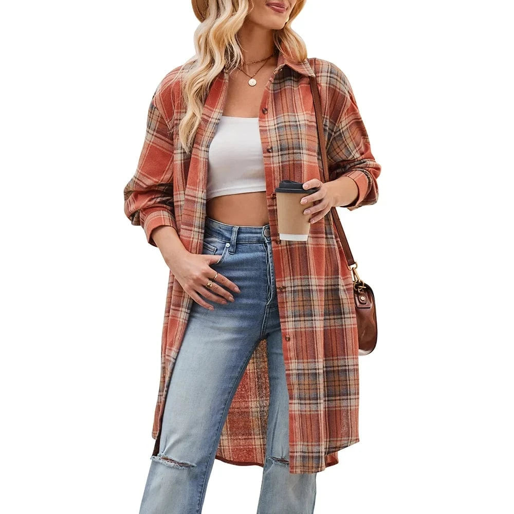 2023 Women's Autumn and Winter new  European and American Casual fashion Loose Long trench coat Plaid shirt