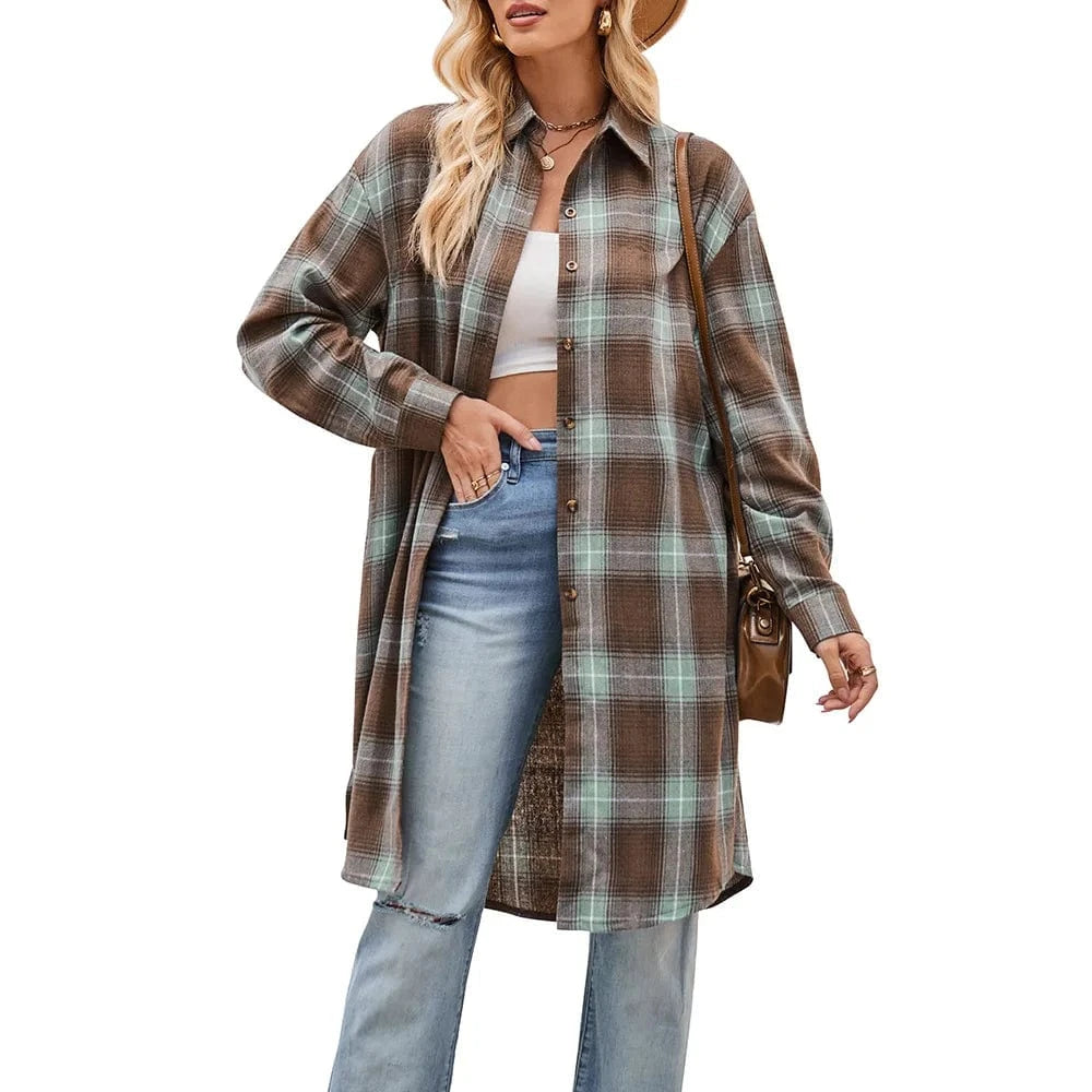 2023 Women's Autumn and Winter new  European and American Casual fashion Loose Long trench coat Plaid shirt