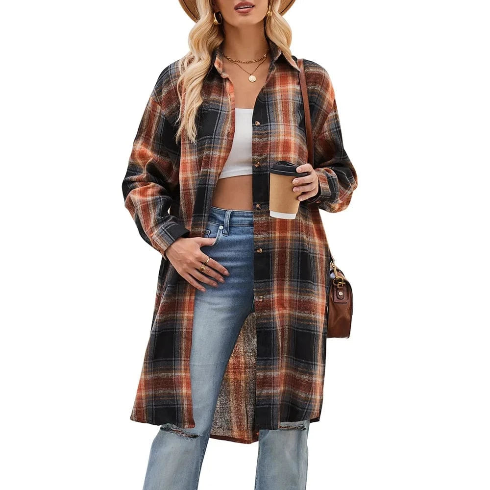 2023 Women's Autumn and Winter new  European and American Casual fashion Loose Long trench coat Plaid shirt