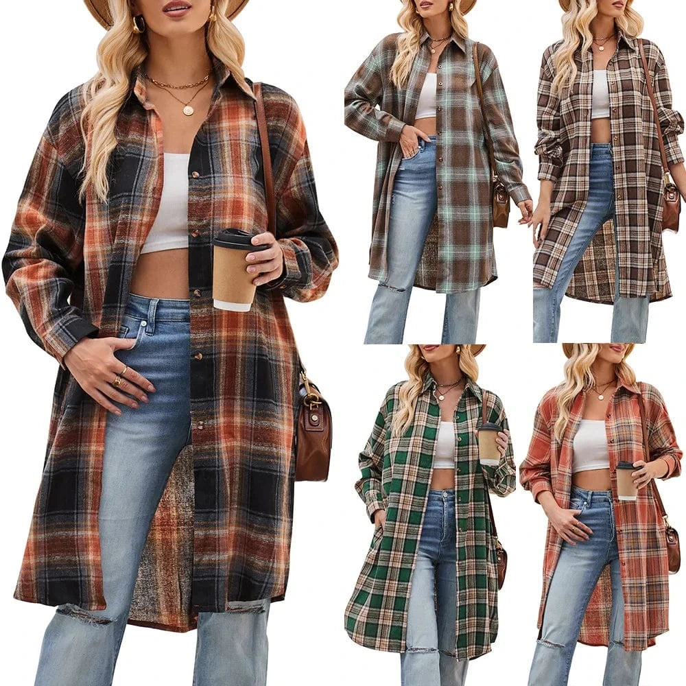 2023 Women's Autumn and Winter new  European and American Casual fashion Loose Long trench coat Plaid shirt