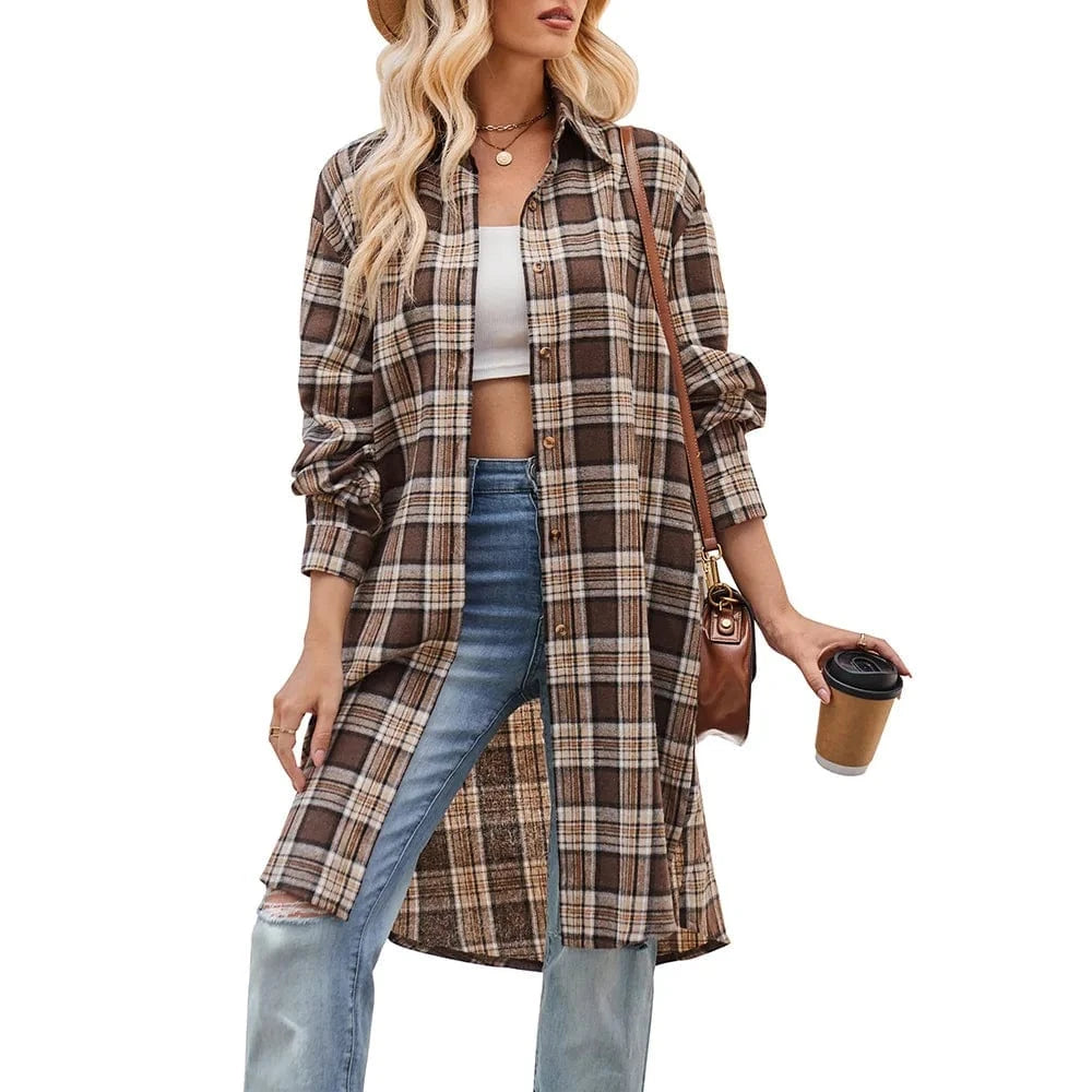 2023 Women's Autumn and Winter new  European and American Casual fashion Loose Long trench coat Plaid shirt