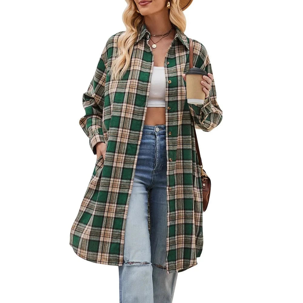 2023 Women's Autumn and Winter new  European and American Casual fashion Loose Long trench coat Plaid shirt