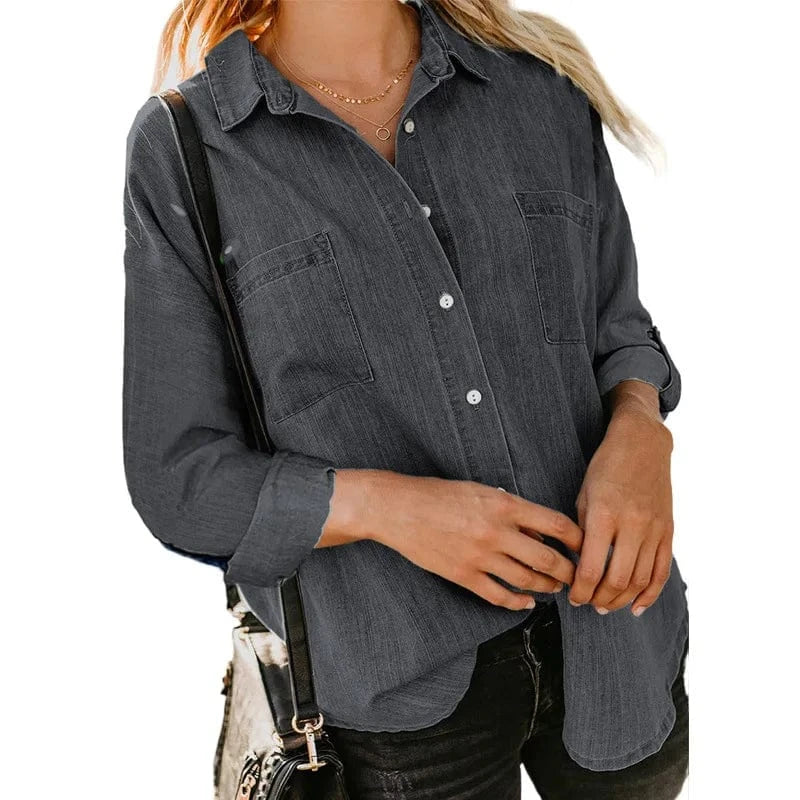 2023 Women's Denim shirt Spring and Autumn New loose Double pocket Long sleeve All-match Casual Coat shirt