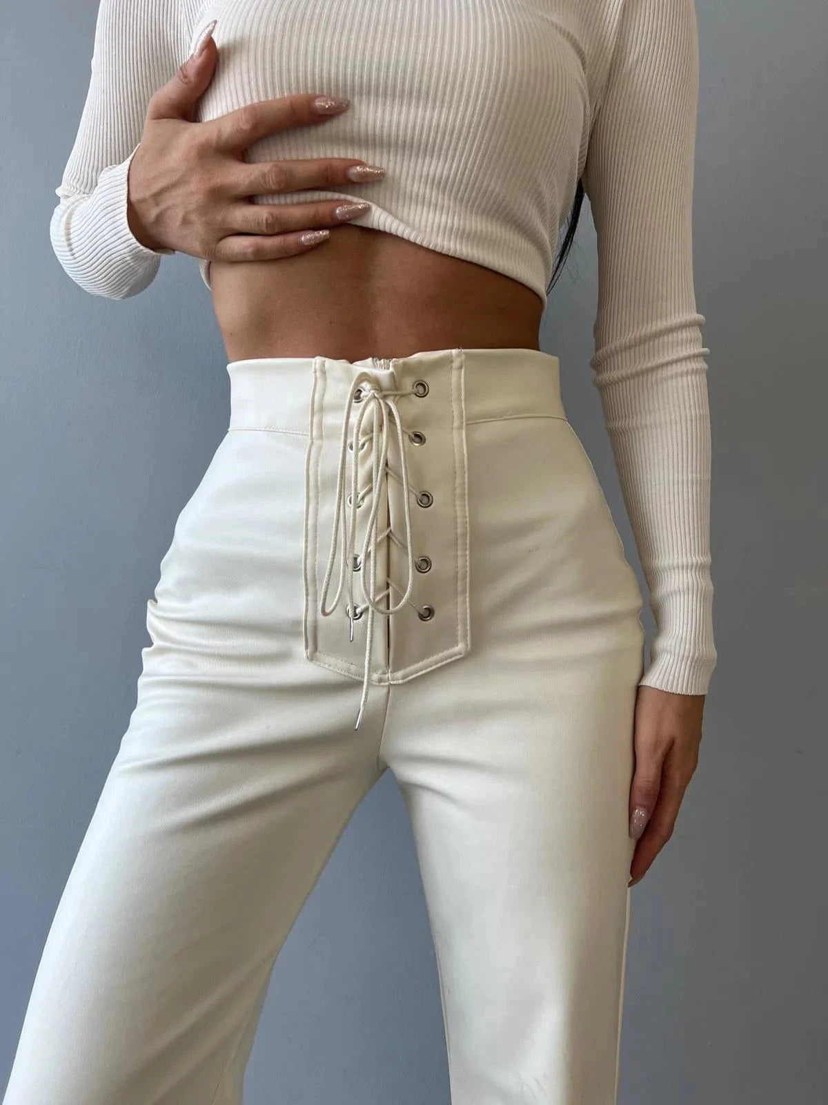 2023  Women's Fashion Sexy High Waist Solid Color Long  Pants Straight Flared Leather Trousers Ladies Casual Loose Pants