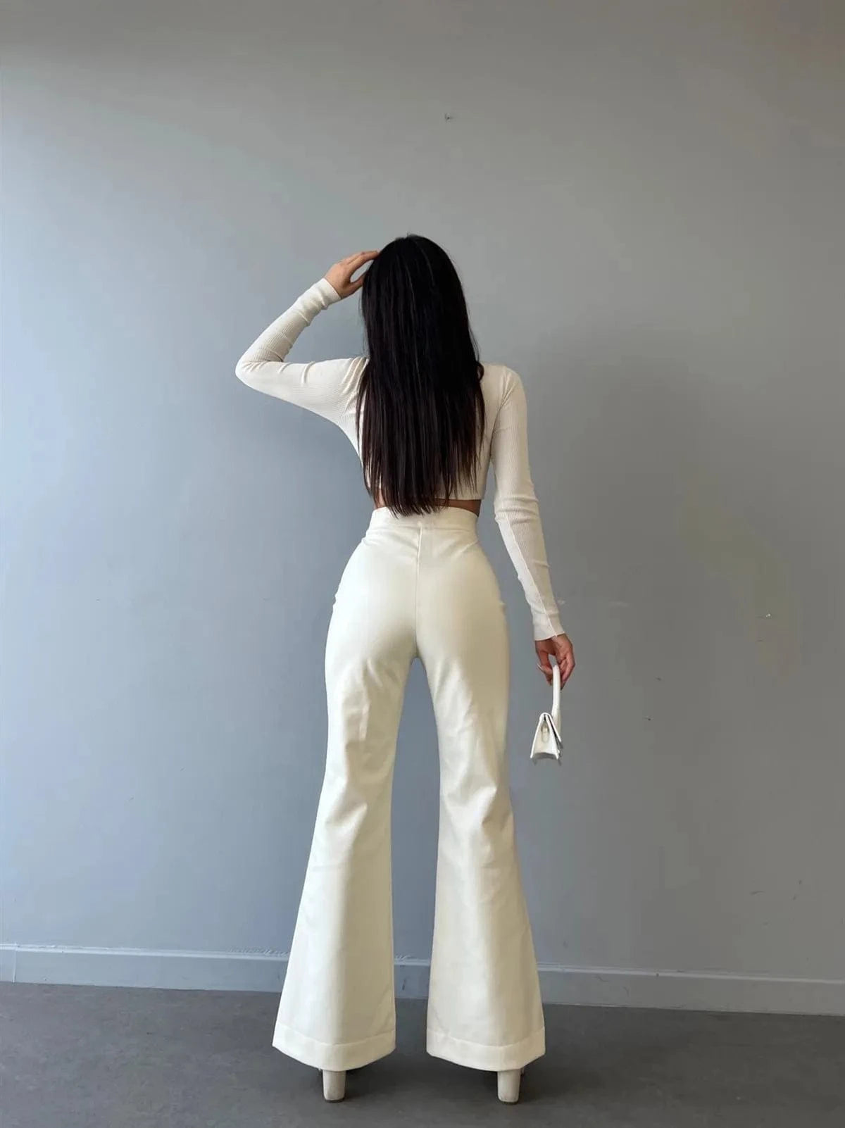 2023  Women's Fashion Sexy High Waist Solid Color Long  Pants Straight Flared Leather Trousers Ladies Casual Loose Pants