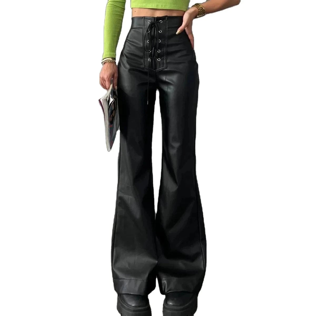 2023  Women's Fashion Sexy High Waist Solid Color Long  Pants Straight Flared Leather Trousers Ladies Casual Loose Pants