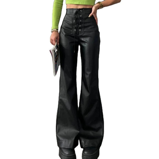 2023  Women's Fashion Sexy High Waist Solid Color Long  Pants Straight Flared Leather Trousers Ladies Casual Loose Pants