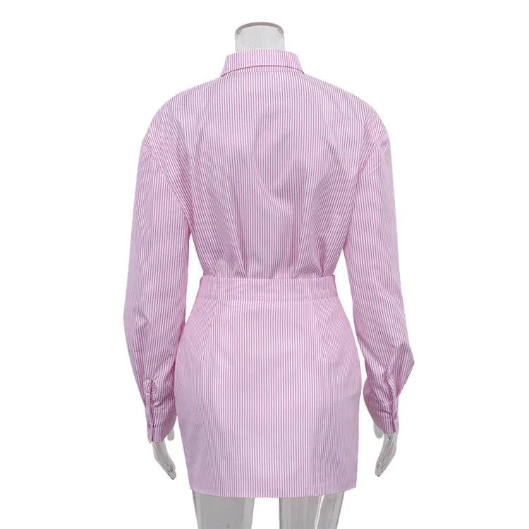 2023 Women's New Commuter Lapel Long Sleeve Striped Shirt Wrap Hip Skirt Fashion Office Suit