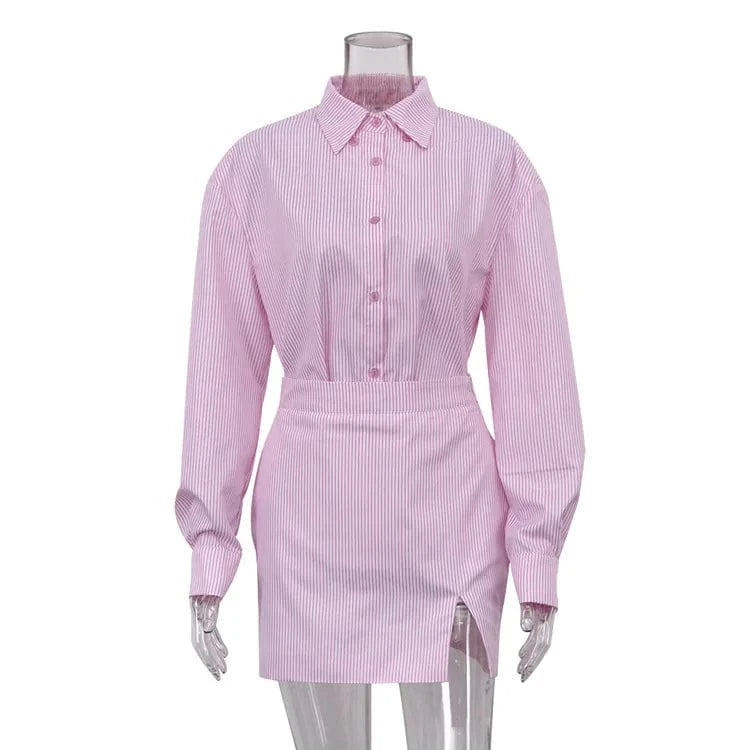 2023 Women's New Commuter Lapel Long Sleeve Striped Shirt Wrap Hip Skirt Fashion Office Suit