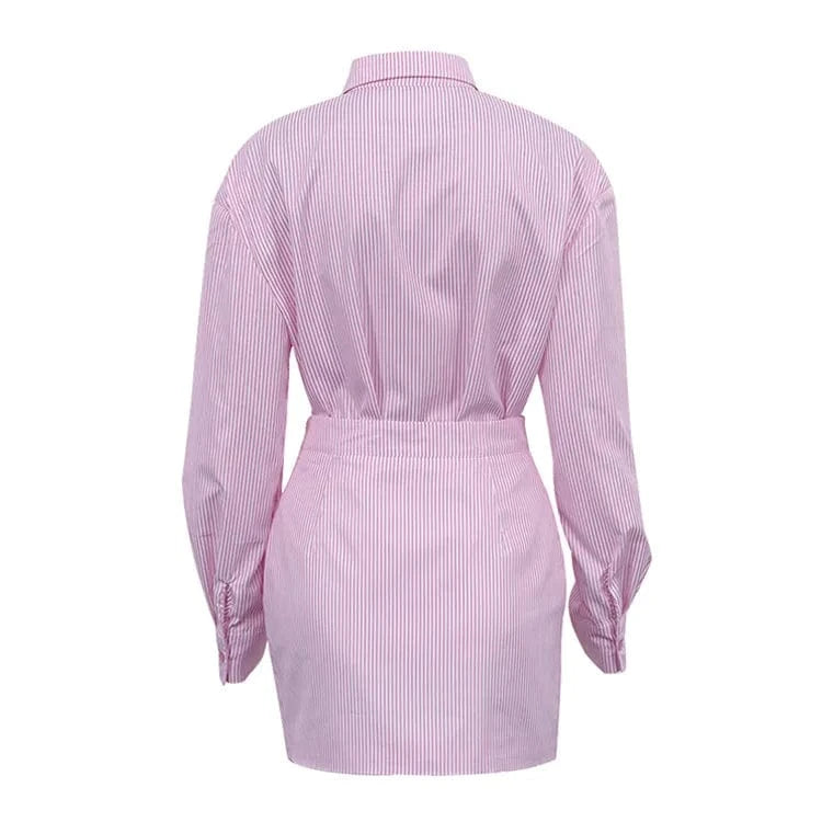 2023 Women's New Commuter Lapel Long Sleeve Striped Shirt Wrap Hip Skirt Fashion Office Suit