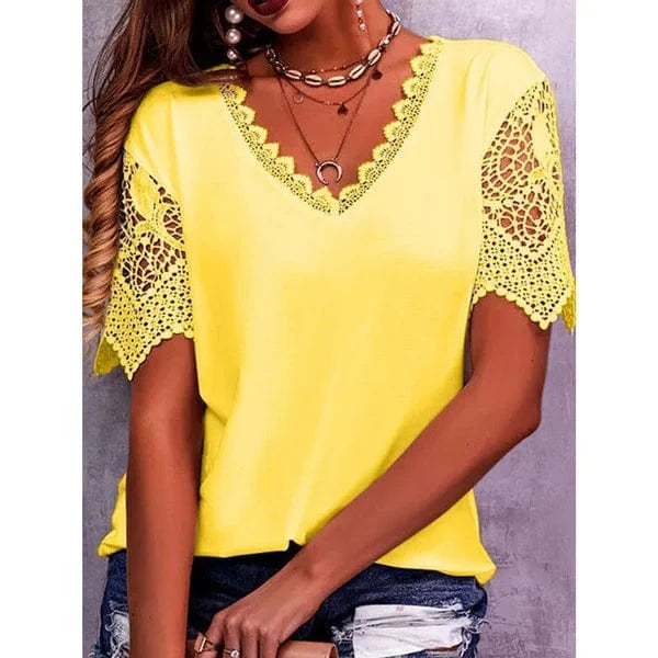 2023 Women's T-shirt Lace Stitching Loose V-neck Short Sleeved T-shirt Women Office Shirt