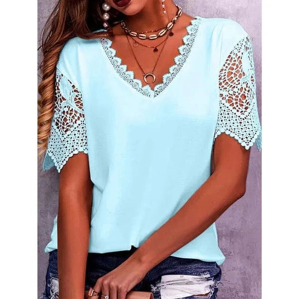 2023 Women's T-shirt Lace Stitching Loose V-neck Short Sleeved T-shirt Women Office Shirt