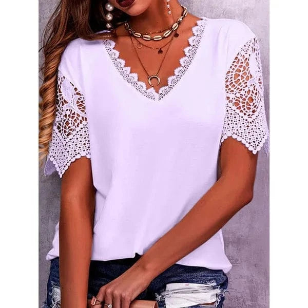 2023 Women's T-shirt Lace Stitching Loose V-neck Short Sleeved T-shirt Women Office Shirt