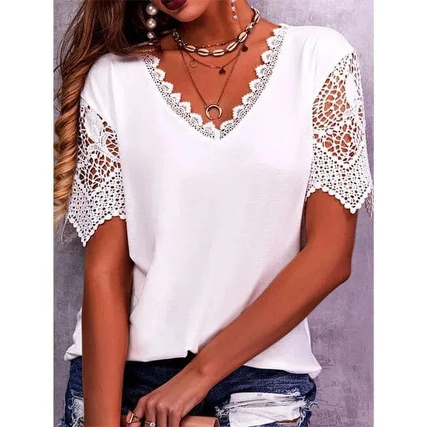 2023 Women's T-shirt Lace Stitching Loose V-neck Short Sleeved T-shirt Women Office Shirt